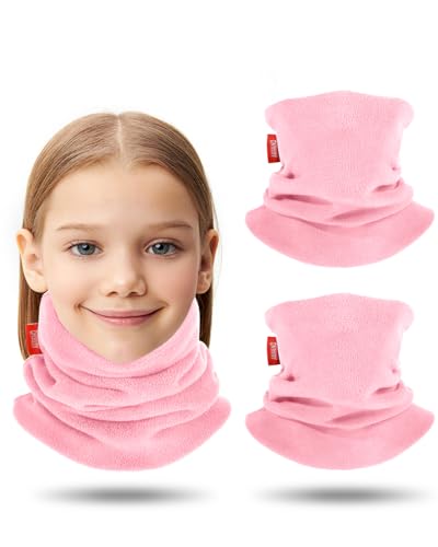 Aegend Neck Warmer for Kids 2 Pack Double-Layer Fleece Ski Neck Gaiter for Boys Girls (Age 5-14 Pink)