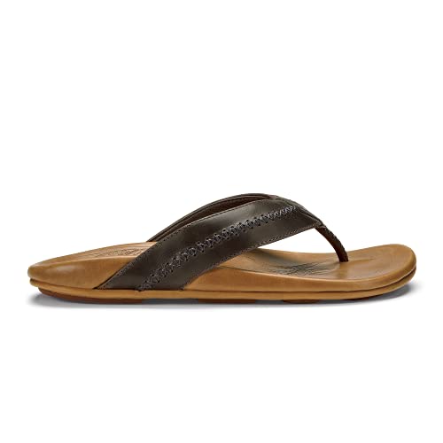 OluKai Mea Ola Men's Beach Sandals, Premium Leather Flip-Flop Slides, Compression Molded Footbed & Comfort Fit, Laser-Etched Design, Charcoal/Fox, 9