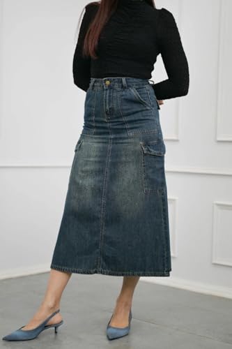 Image of GRECIILOOKS Women's High Waist Denim Skirt with Front Slit - Long Maxi Jean Skirt Casual Fashion - Stylish Denim Skirts for Women