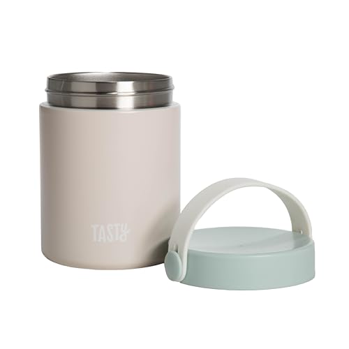 Image of Tasty Food Jar with Folding Handle, Portable Snack Travel or Lunch Container, Stainless Steel Insulated Vacuum with Leak-Proof Lid, Keeps Food Hot or Cold for Hours, 15-Ounce, Cream