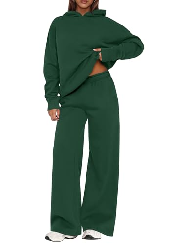 PRETTYGARDEN Womens Sweatsuits 2 Piece Set 2026 Casual Winter Long Sleeve Hoodie Loose Wide Leg Sweatpants Fall Tracksuit (Dark Green,Small)