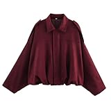 Diseño: chaqueta bomber de gamuza sintética de gran tamaño con cuello de solapa, mangas largas de murciélago, dobladillo plisado. Chaquetas bomber ligeras para mujer, cierre frontal con botones ocultos debajo de la solapa, ajuste holgado, color sólido, chaquetas ligeras para mujer de verano