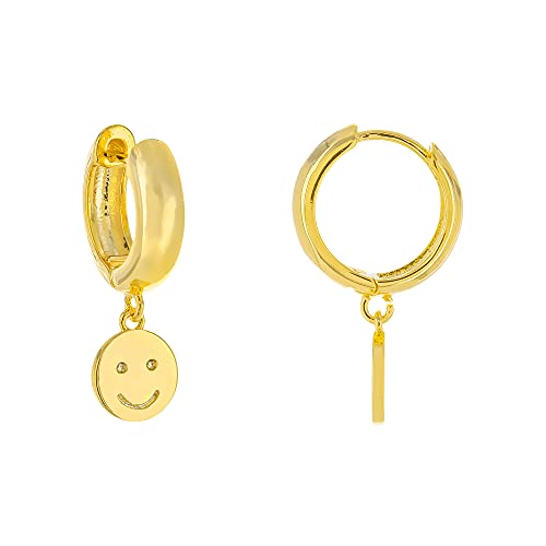14K Gold Plated Smiley Face Charm Huggie Hoop Earrings - Small Smile Drop Hoops