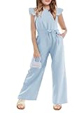 CharmWM Girls Jumpsuit Kids Fashion Cap Sleeve Belted Wide Leg Romper Dressy One Piece Outfits with Pockets