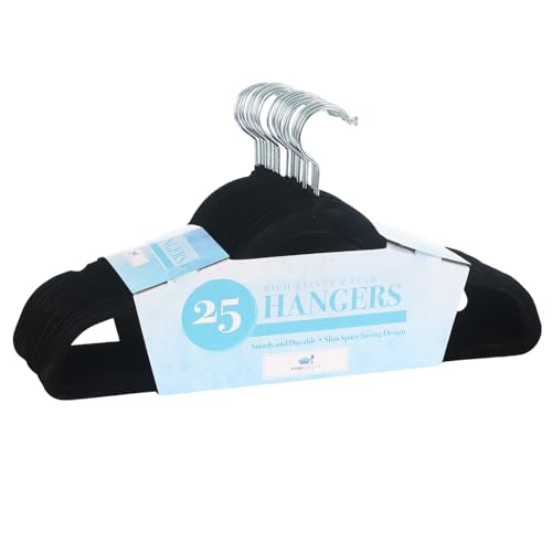 Cintres En Velours De Qualité SupéRieure – Lot De 25 Cintres Ultra Fins Pour éConomiser De L'espace En Noir Avec Crochets Pivotants, Surface AntidéRapante, Bords IncurvéS Pour PréServer La Forme Des-image