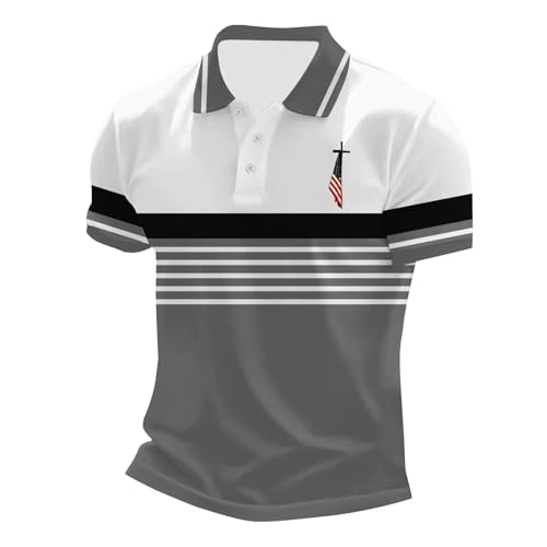 Mens Short Sleeve Polo Shirts Christian Jesus Faith Cross Striped Golf T Shirts with Pocket Button Down Work Tops