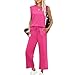 Sinzelimin Women's Pajamas Set Fashion Solid Color Sleeveless Crewneck Tank Tops Loose Comfy Crop Sweatpant Two Piece Suit Hot Pink Large