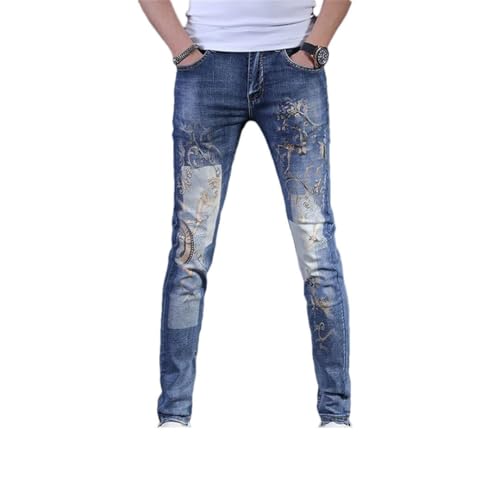 Men Printed Jeans in Denim Clothing with Slim Fit and Elastic Feet Casual Pants