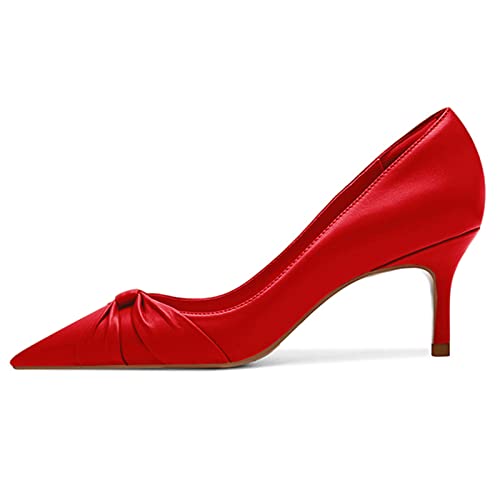 PiePieBuy Womens Pointed Toe Pumps Twist Knot Stiletto Mid Heel Faux Leather Dress Shoes Red — view 3