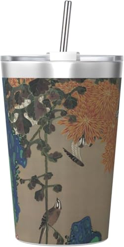 魔法瓶 伊藤若冲 菊花流水図 タンブラー 350ml ステンレス製 水筒蓋とストロー付き 真空断熱漏れない 持ち運び 直飲み 子供 通勤 通学 かわいい おしゃれ プレゼント