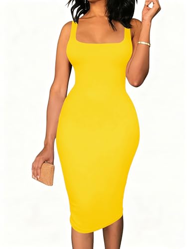 Image of TOPSRANI Women Sexy Midi Dress Bodycon Casual Sleeveless Basic Ruched Tank Summer Club Party Dresses
