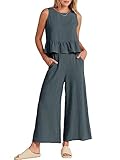ANRABESS Women Summer 2 Piece Outfits Sleeveless Tank Crop Top Wide Leg Pants Linen Jumpsuits Lounge Matching Beach Sets Grey Blue Medium