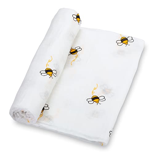 Image of LollyBanks Baby Blanket, 100% Cotton Muslin Swaddle Blankets for Boys and Girls, Large 47 x 47 Inches Newborn Blanket, Soft and Breathable Baby Swaddle, Newborn Essentials, Registry (Bee Print)