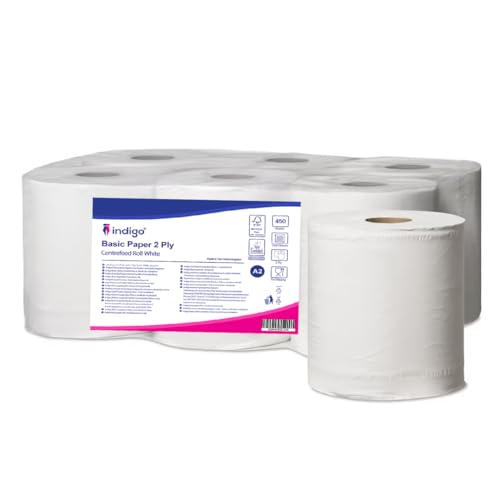 Indigo® 6 x White Centrefeed Rolls – 2 Ply, 150m x 180mm – Strong & Absorbent Wiping Tissue for Cleaning, Hygiene, Kitchen, Office & Home Use