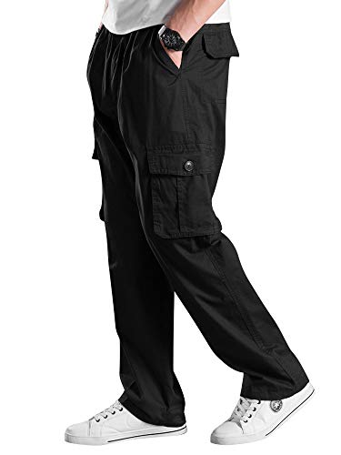 Men's Lightweight Pull on Casual Pants Cotton Full Elastic Waist Cargo Work Chef Lounge Pant Black 362