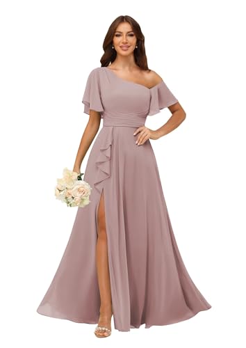 Image of One Shoulder Bridesmaid Dresses for Women with Pockets Short Sleeve Ruffled Chiffon Formal Evening Gowns