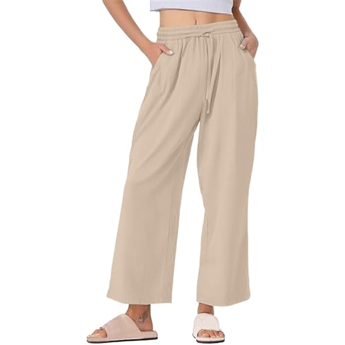 Women's High Waist Wide Leg Pants Elastic Drawstring Trousers with Pockets Casual Loose Flowy Beach Work Dress Pants 2025