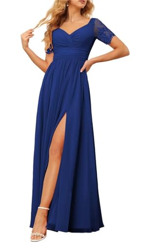 Robe de demoiselle d'honneur manches dentelle mousseline de soie longue marine 40