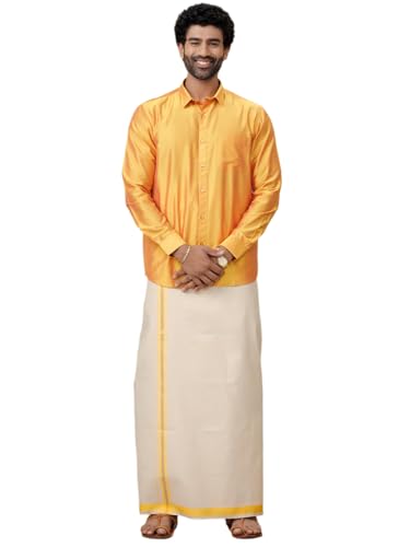 Image of RAMRAJ COTTON Men Parsley Silk Cotton Full Sleeves Shirt with Matching Border Tissue Dhoti Set