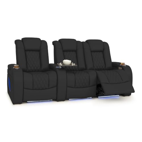 Image of Seatcraft Virtuoso LT Black Italian Leather Home Theater Seating, Zero Gravity Power Recliner, Heat and Massage, Powered Headrest and Lumbar Gaming and Home Office Chair, Row of 3 Right Loveseats