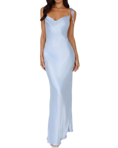 Image of 2026 Satin Cowl Neck Spaghetti Strap Maxi Dress for Women Bridesmaid | Silk,Tie Strap,Slip,Slit,Midi,Wedding Guest,Graduation,Elegant,Cocktail,Vacation,Party