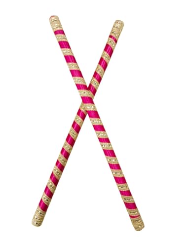 Image of BookMyCostume Premium Decorative Wooden Dandiya Sticks | Pink & Golden Glitter Striped | Navratri Dance & Cultural Events (Set of 1 pair 2 Dandiya Sticks) | Fancy Dress Accessory for Kids & Adults