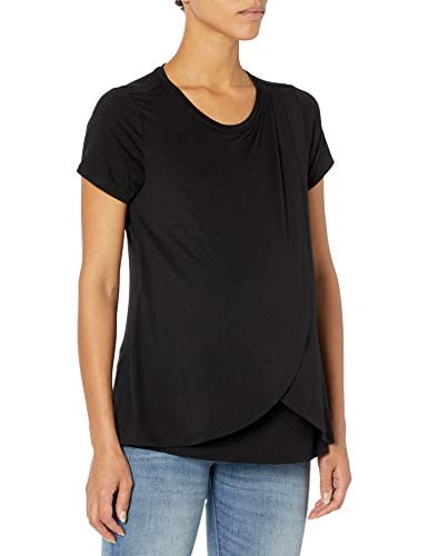 Motherhood Maternity Women's Short Sleeve Scoop Neck Layered Tulip Nursing Tee Shirt, Solid Black, Medium #TOP22