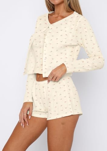 Image of Dressmine Ladies Long Sleeve Cute Pajama Sets 2 Piece Fall Outfits Button Up Pjs Set Loungewear