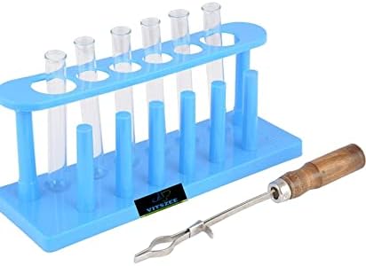 VITSZEE Test Tube, Plastic Stand, for Laboratory | Durable Plastic Test Tube Rack for Chemistry, Biology & School Labs | 6-Hole Lab Equipment Wooden Handle Chromium Plated Test Tube Holder | Science Experiment Accessory