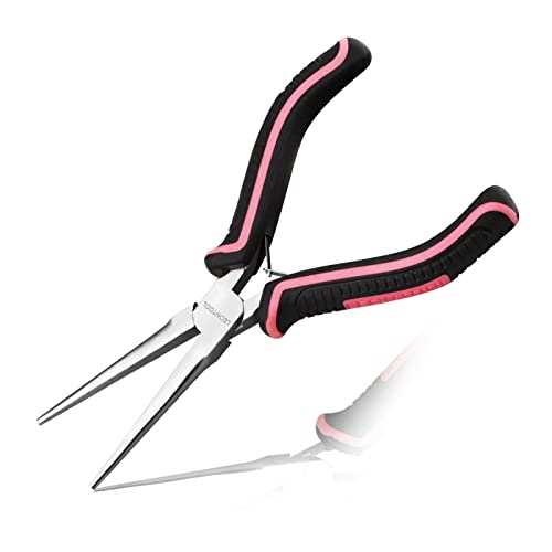 LEONTOOL 6-Inch Needle Nose Pliers for Jewelry Making Pink Line Design, Chrome Vanadium Steel, 5.7 x 3.1 x 0.6
