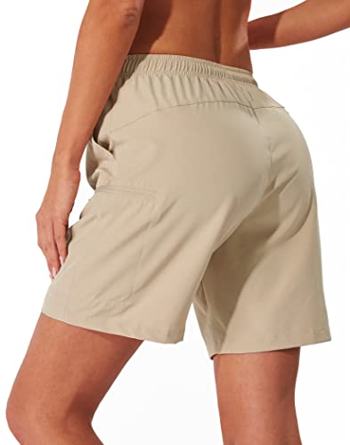 Looleafy Women's Hiking Cargo Shorts With Zipper Pockets 7" Quick Dry Lightweight Summer Shorts For Women Travel Golf Athletic (Khaki L) #TOP2