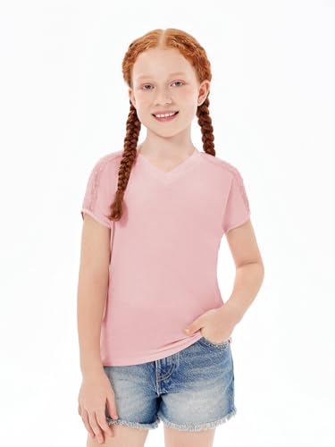 Image of Haloumoning Girls V Neck T-Shirts Kids Summer Swiss Dot Short Sleeve Tops Cute Fashion Tees 5-14 Years