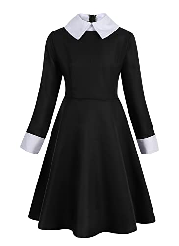 Eledobby Wednesday Addams Kostüm Kleid für Erwachsene Peter Pan Kragen Frauen Langarm Schwarz Kleider Damen Cosplay Fancy Dress Halloween Party Outfits Plain M Cover