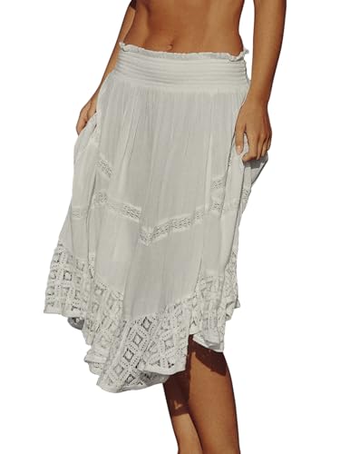 Women Midi Skirt Casual Boho Lace Tiered Asymmetrical Embroidery Elastic Waist Flowy Summer Beach Long Skirts
