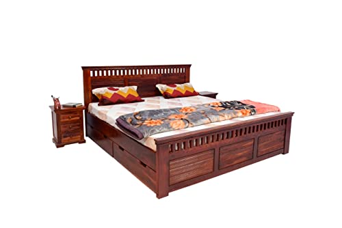 Image of Sheesham Wood Queen Size Bed with 4 Storage Box and 2 Bedside End Table for Home