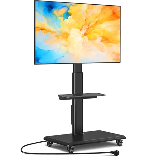 5Rcom Soporte de TV móvil con ruedas para televisores planos curvos de 32 a 55 pulgadas, soporte giratorio con base de madera, altura ajustable con una estantería, VESA máx. 400x400 mm hasta 35 kg