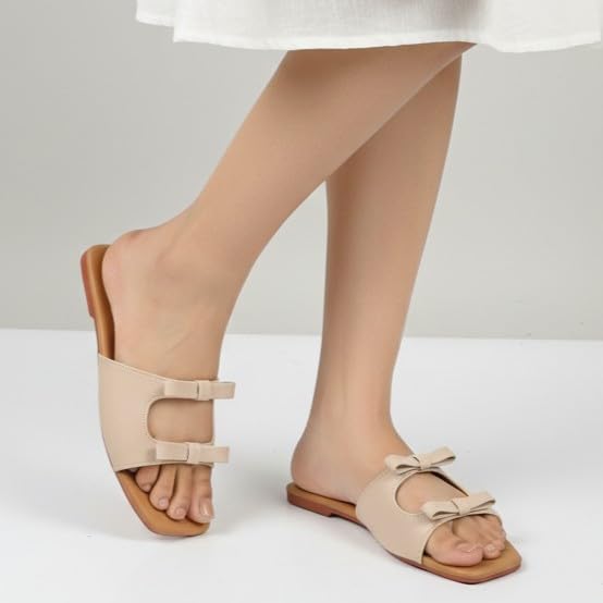 Image of ZaHu Women's Flat Slide Sandals Faux Leather Beige Double Bow Square Toe Slip On Casual Dressy Summer Footwear Comfortable Lightweight Durable for Travel Beach Party Office Gifting Modern Minimalist Open Toe Low Heel Soft Cushioned Insole Non Slip Sole Easy Care Stylish Versatile Vacation Wedding Brunch Shopping Work Women
