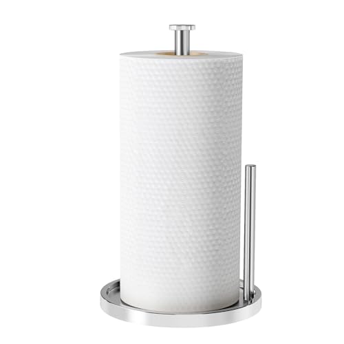 Paper Towel Holder Countertop, Standing Paper Roll Holder with Anti Slip Weighted Base, Stainless Steel Freestanding Paper Towel Holder for Kitchen, Chrome