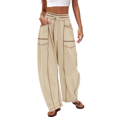 Womens Baggy Barrel Pants Wide Leg Lounge Drawstring Sweat, Summer Drawstring Waist Contrast Patchwork Pants with Pockets (Off-White,X-Small)