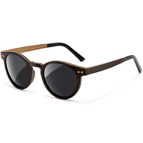 SUNGAIT Round Wood Sunglasses Womens Polarized Vintage Oak Wooden Shades w. Vegan PU Leather Case