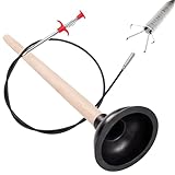 Desatascador Tuberias con mango de madera + Cable Desatascador 2m con Pinza - Desatascador Fregadero, WC y Ducha – Plunger, Manual Potente para atascos - Solución Rápida, Ahorra Tiempo y Dinero.