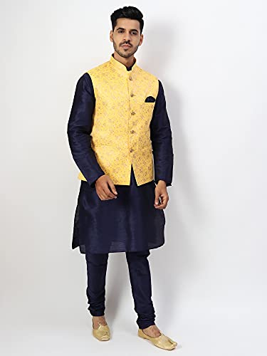 Image of Uri and MacKenzie Men's Silk Blend Regular Kurta Churidar Pyjama with Bundi Nehru Jacket /Waistcoat