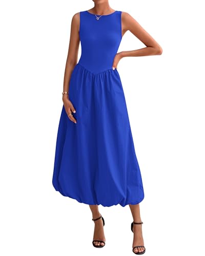BTFBM Women's 2026 Summer Casual Sleeveless Midi Dress Patchwork Knit Tank Bubble Long Flowy Beach Maxi Sundress Pockets(Blue, Medium)