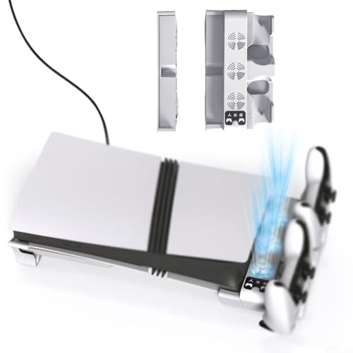 Getdoublerich Soporte de refrigeración horizontal SlimPro de PS5, ventilador de 3 niveles y cargador de controlador dual, base de refrigeración multifunción, accesorio de carga