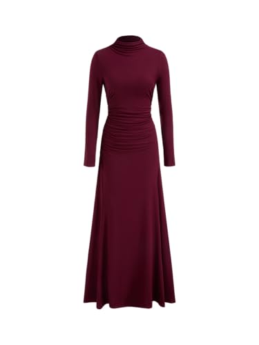 CIDER Turtle Neck Long Sleeve Ruched Knit Elegant Solid Party Middle Waist Maxi Elegant Dress