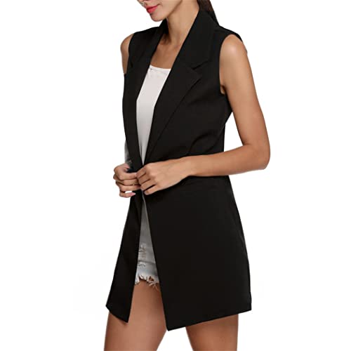 Chaleco negro de mujer largo con solapa y bolsillos talla M 4