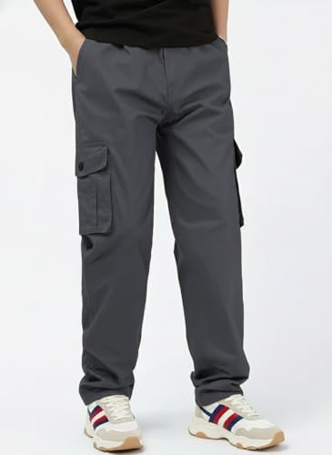 Image of Men's Cotton Cargo Pant | 5 Pocket Style Drawstring Elastic Waist Relaxed Fit Straight Leg, Breathable Durable Work Hiking Casual Trousers in Grey Silver Beige Black Sizes 30 to 42