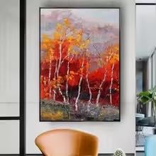 Peinture abstraite forêt rouge remède mur terne tableau moderne scandinave