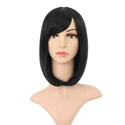 Newluyang Short Bob Wig with Natural Air Bangs Natural Black Wig Straight Bob Synthetic Colorful Cosplay Daily Party Wig for Women and Girls（12", Natural Black )