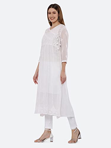 Image of FAWOMENT Ethnic Designer Angarkha A-Line Georgette Kurta with Exclusive Hand Embroidered Lucknowi Chikankari for Women